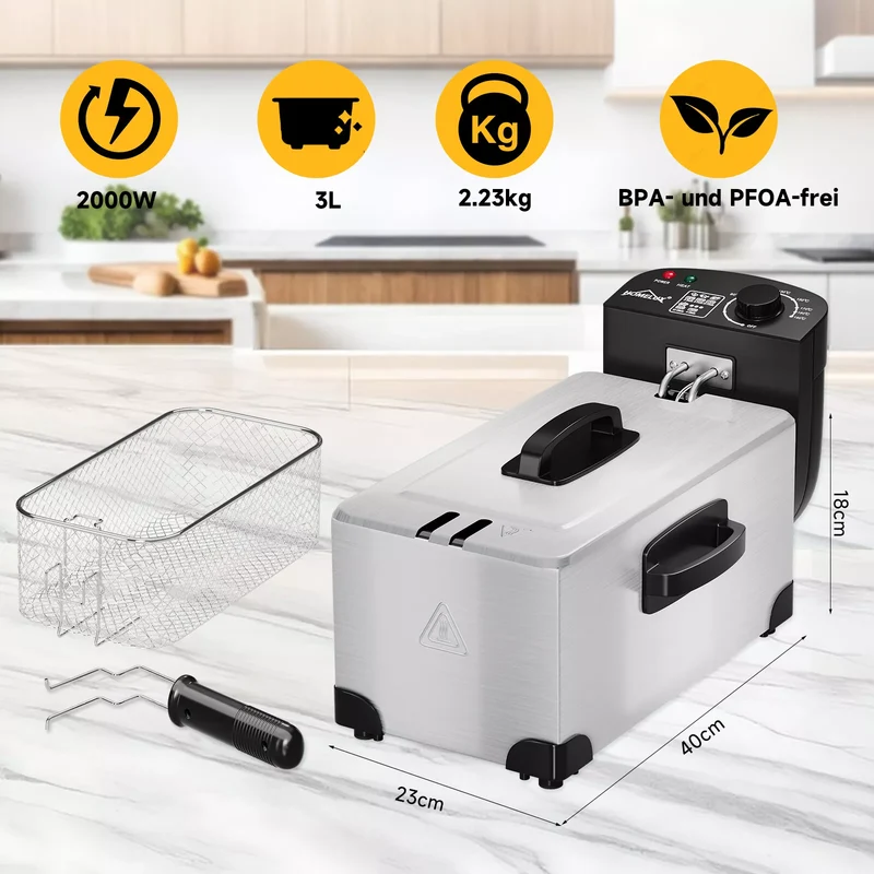 HOMELUX Friteuse 3 L 2000W fritteuse mit öl, Temperaturregler, Edelstah fritteuse mit Fett & Öl, Deep Fryer, Elektrische Fritteuse