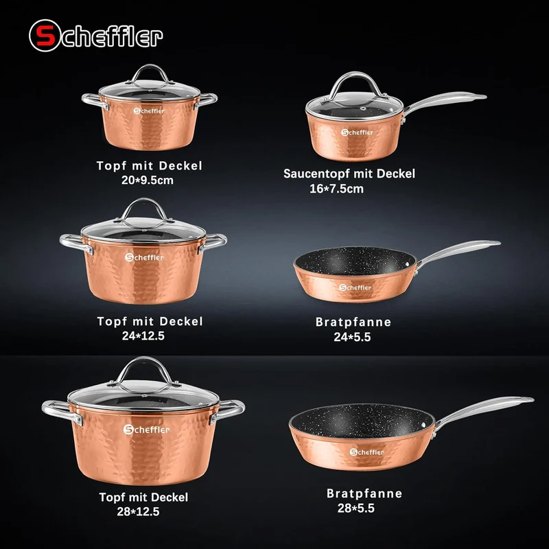 Topfset Scheffler Topfset Induktion 15-teilig, Induktions Töpfe Set,Töpfe mit Glasdeckel, Kochtopf-Set, Töpfe und Pfannen, Induktionsgeeignet