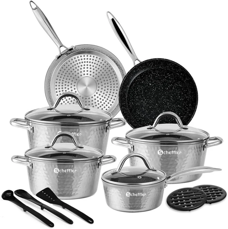 Topfset Scheffler Topfset Induktion 15-teilig, Induktions Töpfe Set,Töpfe mit Glasdeckel, Kochtopf-Set, Töpfe und Pfannen, Induktionsgeeignet