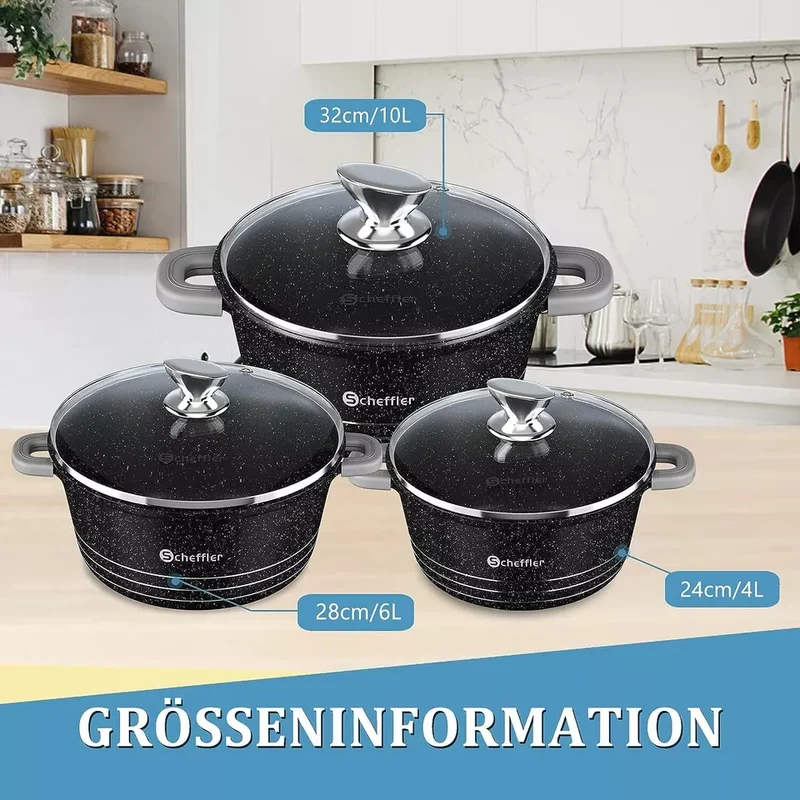 Scheffler Topfset mit Glasdeckel Kochtopf Set Induktions Töpfe Set, 2.2L/24cm,4L/28cm,6L,Töpfe Set, mit Antihaftbeschichtung