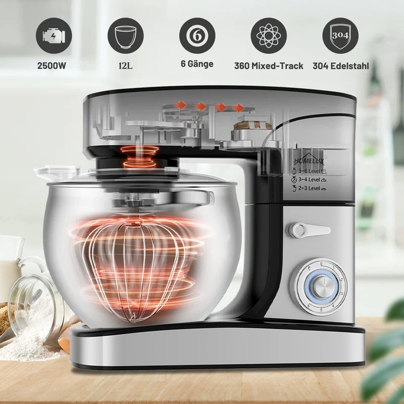 Küchenmaschine 2500W Knetmaschine,12 L Teigmaschine mit Edelstahlschüssel