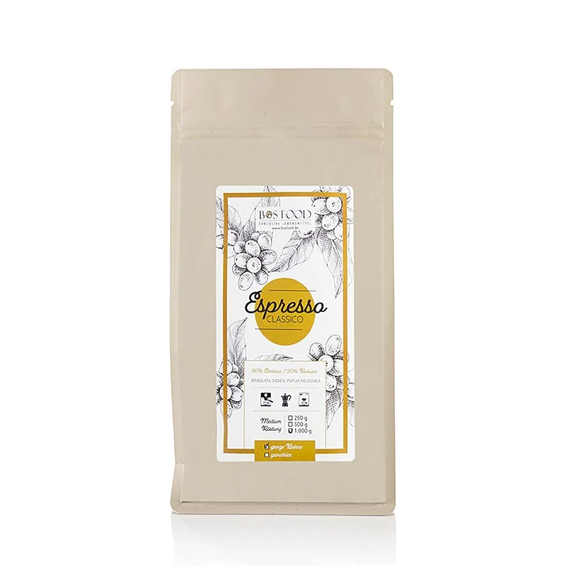 BOS FOOD - Espresso Classico, Kaffee Blend mit 20% Robusta, ganze Bohnen, 1 kg