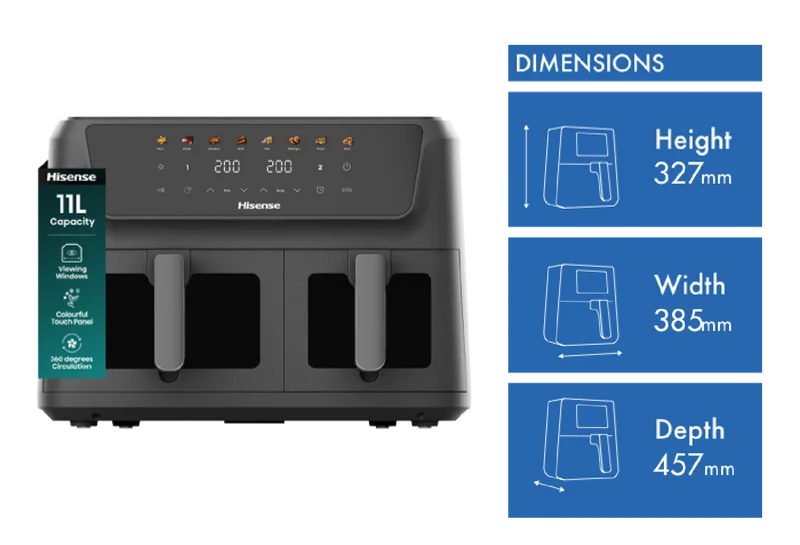Hisense 11 Litre Dual Basket Air Fryer With Window And Colour display