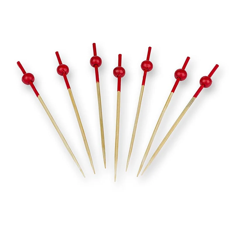 Holz-Spieße, mit rot gefärbtem Ende und rote Kugel, 9cm, 100 St