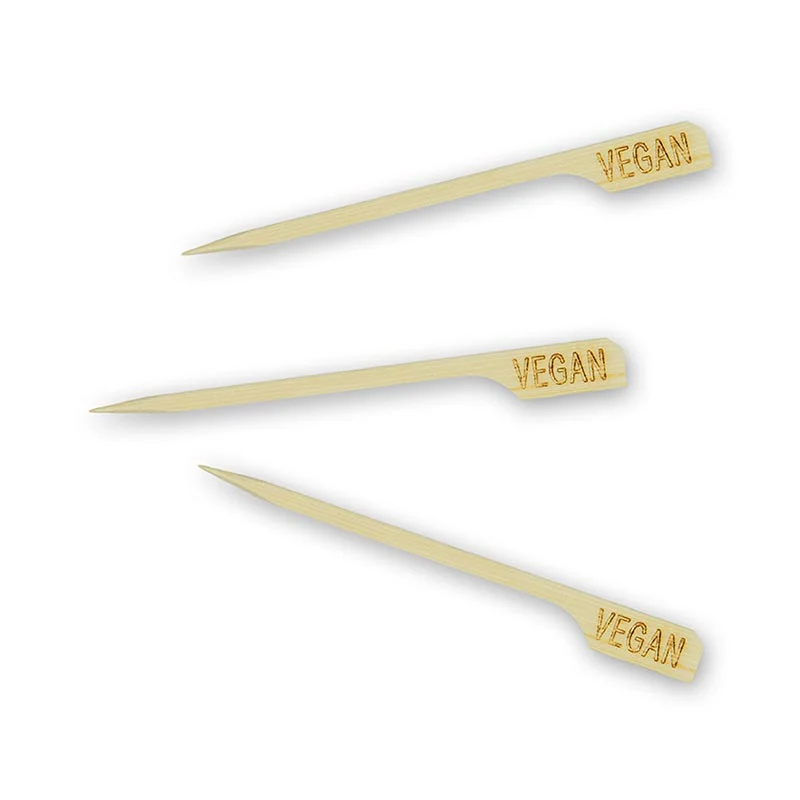 Bambus-Spieße, mit Blattende, mit Aufschrift "Vegan", 9cm, 250 St