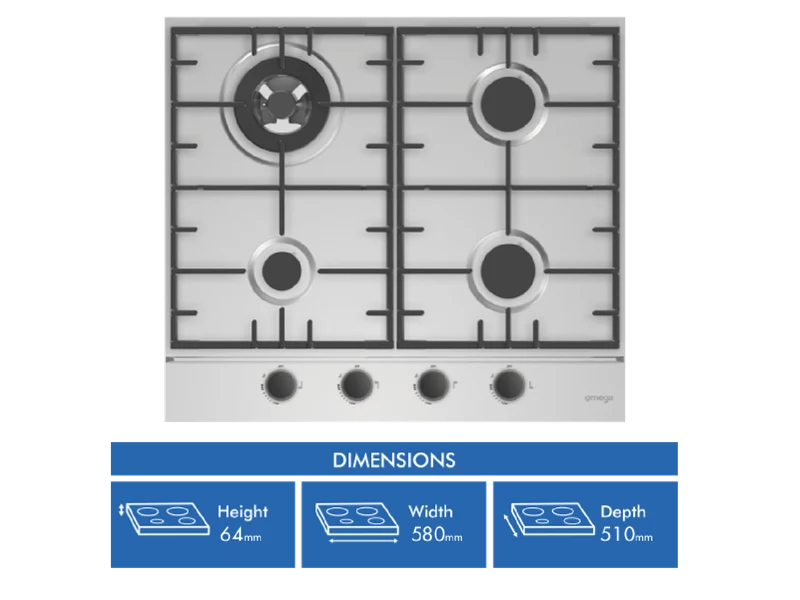 Omega 60cm Gas Cooktop, Stainless Steel