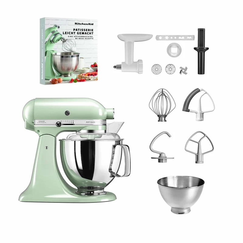 KitchenAid 4,8 L 5KSM175 Artisan Küchenmaschine Pastrylover mit Kunststofffleischwolf+Spritzgebäckvorsatz und Patisserie Buch