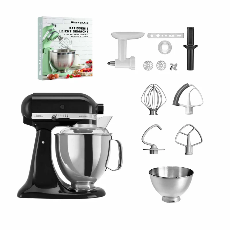 KitchenAid 4,8 L 5KSM175 Artisan Küchenmaschine Pastrylover mit Kunststofffleischwolf+Spritzgebäckvorsatz und Patisserie Buch
