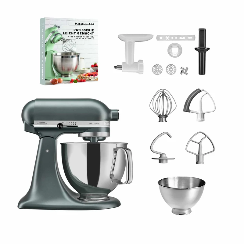 KitchenAid 4,8 L 5KSM175 Artisan Küchenmaschine Pastrylover mit Kunststofffleischwolf+Spritzgebäckvorsatz und Patisserie Buch