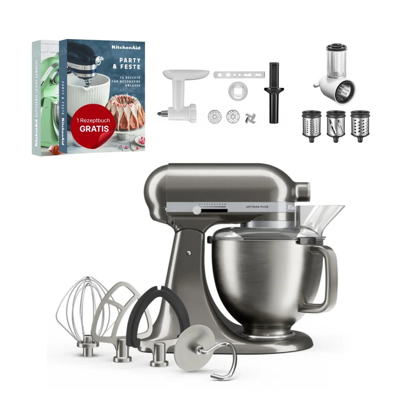 KitchenAid 4,7 L 5KSM50 Artisan Plus Küchenmaschine Allrounderset mit Gemüseschneider + Fleischwolf + Spritzgebäckvorsatz