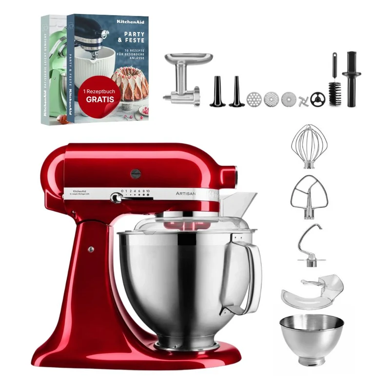 KitchenAid 4,8 L 5KSM185 Artisan Küchenmaschine Meatlover Metallfleischwolf 5KSMMGA Gr. 8 und Spritzgebäckvorsatz