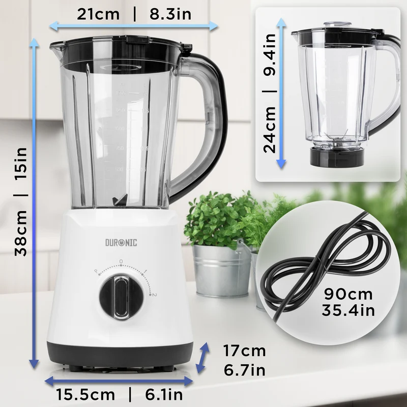 Duronic Jug Blender BL16 BPA Free 1.5L Smoothie Maker for Ice Slushies Protein Shakes Baby Food & Soups 500W Electric Blenders with Removable Blades Soup Makers with Pulse Feature