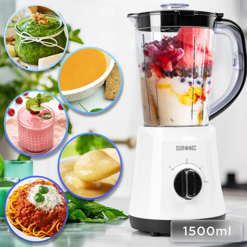 Duronic Jug Blender BL16 BPA Free 1.5L Smoothie Maker for Ice Slushies Protein Shakes Baby Food & Soups 500W Electric Blenders with Removable Blades Soup Makers with Pulse Feature
