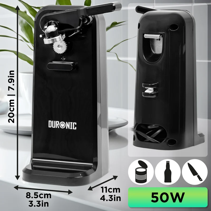 Duronic Electric Can Opener CO40 BK Automatic Tin Openers with Knife Sharpener & Bottle Opener 50W Magnetic Electrical Can Openers One Touch Tin Opener for Arthritis Elderly Seniors BLACK