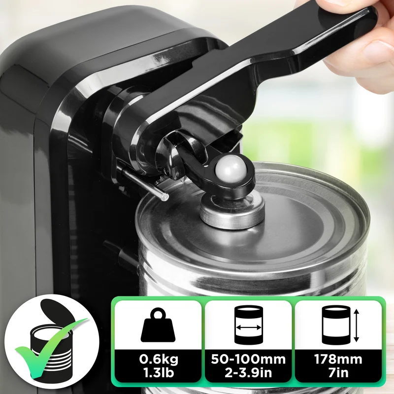 Duronic Electric Can Opener CO40 BK Automatic Tin Openers with Knife Sharpener & Bottle Opener 50W Magnetic Electrical Can Openers One Touch Tin Opener for Arthritis Elderly Seniors BLACK