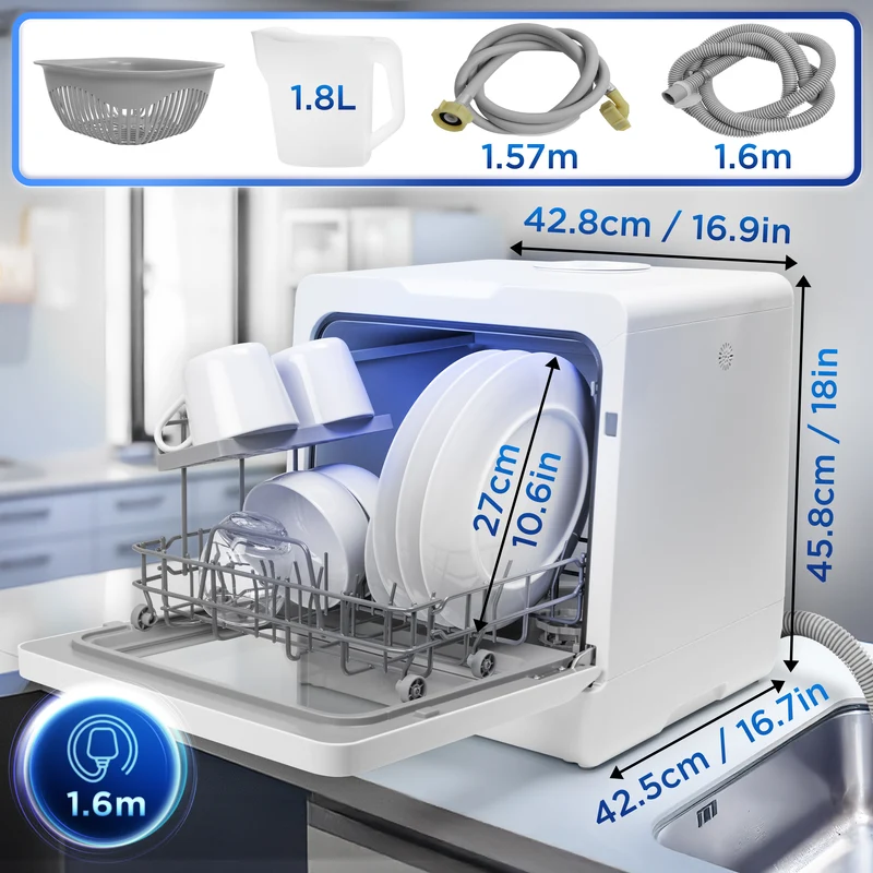 Duronic Table Top Dishwasher DW5 WE 950W Compact Tabletop Dish Washer 5L Mini Dishwashers with 8 Wash Cycles Electric Countertop Cleaner for Quick Eco Cleaning Plates Glass Cutlery Fruit (WHITE)