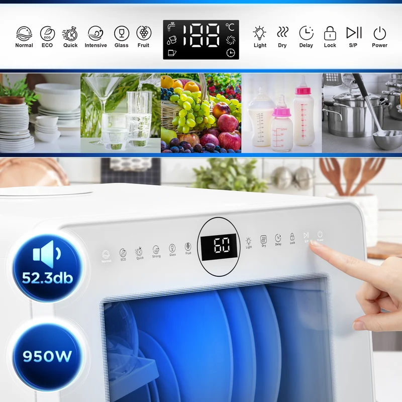Duronic Table Top Dishwasher DW5 WE 950W Compact Tabletop Dish Washer 5L Mini Dishwashers with 8 Wash Cycles Electric Countertop Cleaner for Quick Eco Cleaning Plates Glass Cutlery Fruit (WHITE)