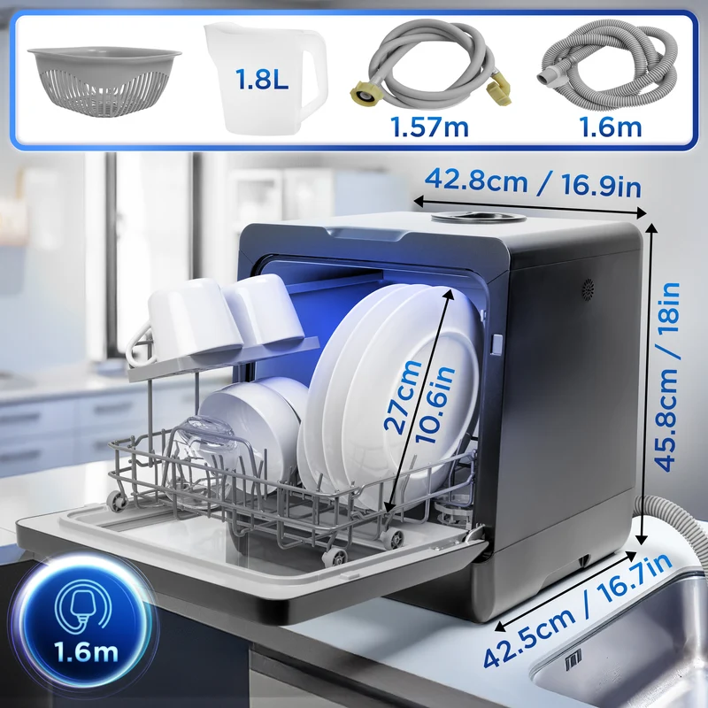 Duronic Table Top Dishwasher DW5 BK 950W Compact Tabletop Dish Washer 5L Mini Dishwashers with 8 Wash Cycles Electric Countertop Cleaner for Quick Eco Cleaning Plates Glass Cutlery Fruit (BLACK)