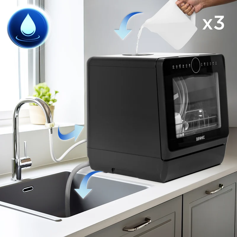 Duronic Table Top Dishwasher DW5 BK 950W Compact Tabletop Dish Washer 5L Mini Dishwashers with 8 Wash Cycles Electric Countertop Cleaner for Quick Eco Cleaning Plates Glass Cutlery Fruit (BLACK)