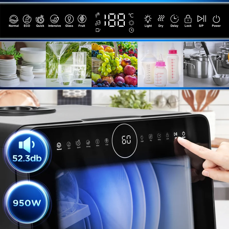 Duronic Table Top Dishwasher DW5 BK 950W Compact Tabletop Dish Washer 5L Mini Dishwashers with 8 Wash Cycles Electric Countertop Cleaner for Quick Eco Cleaning Plates Glass Cutlery Fruit (BLACK)