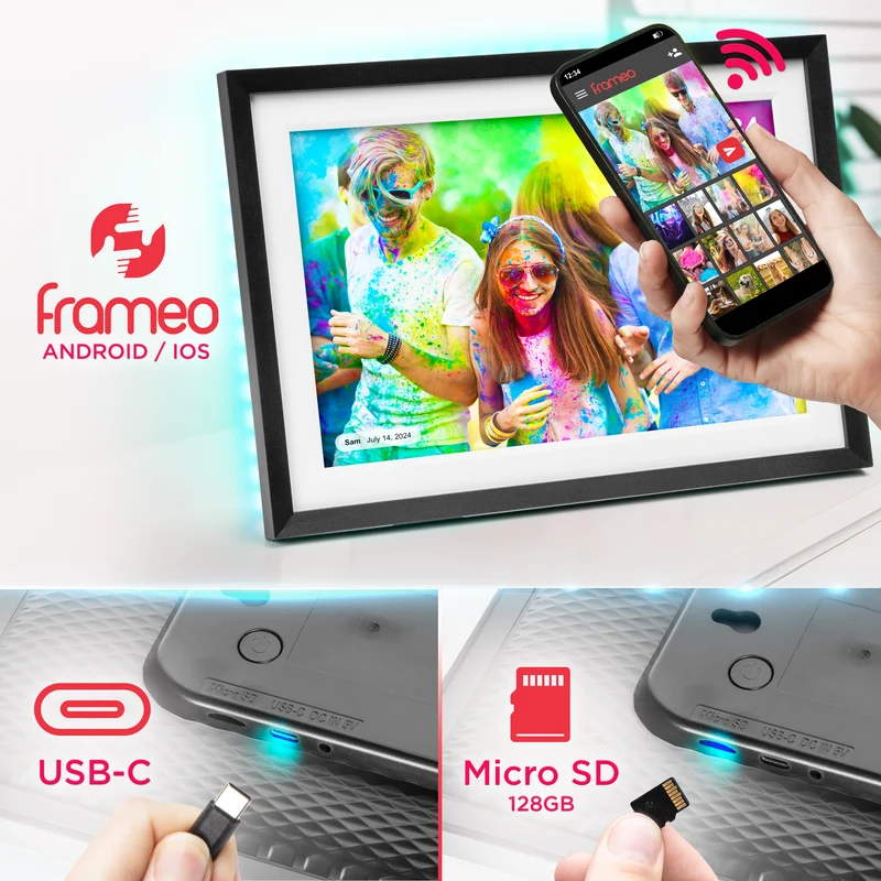 Duronic Digital Photo Frame PF2A BK Frameo 10.1” Electronic Photo Album 800x1200 WiFi Photoframe with Phone App Touchscreen Video Player Black Picture Frame for Birthday Engagement Gifts Family