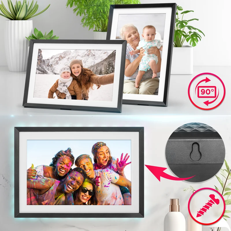 Duronic Digital Photo Frame PF2A BK Frameo 10.1” Electronic Photo Album 800x1200 WiFi Photoframe with Phone App Touchscreen Video Player Black Picture Frame for Birthday Engagement Gifts Family