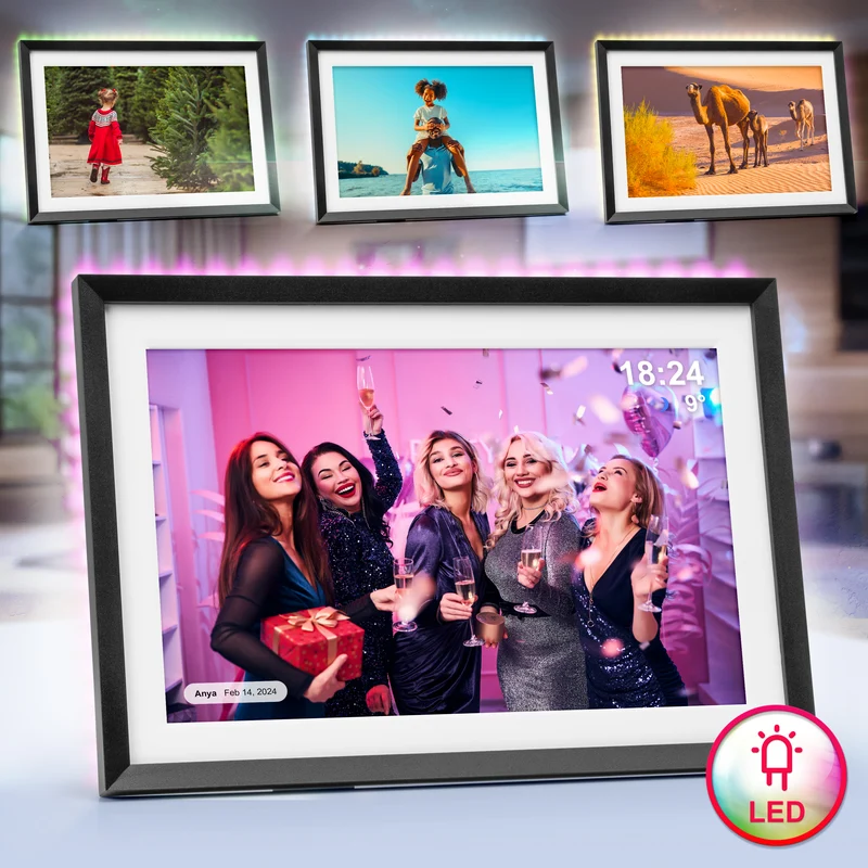 Duronic Digital Photo Frame PF2A BK Frameo 10.1” Electronic Photo Album 800x1200 WiFi Photoframe with Phone App Touchscreen Video Player Black Picture Frame for Birthday Engagement Gifts Family