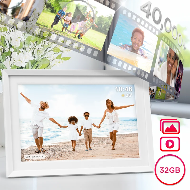 Duronic Digital Photo Frame PF2A WE Frameo 10.1” Electronic Photo Album 800x1200 WiFi Photoframe with Phone App Touchscreen Video Player White Picture Frame for Birthday Engagement Gifts Family