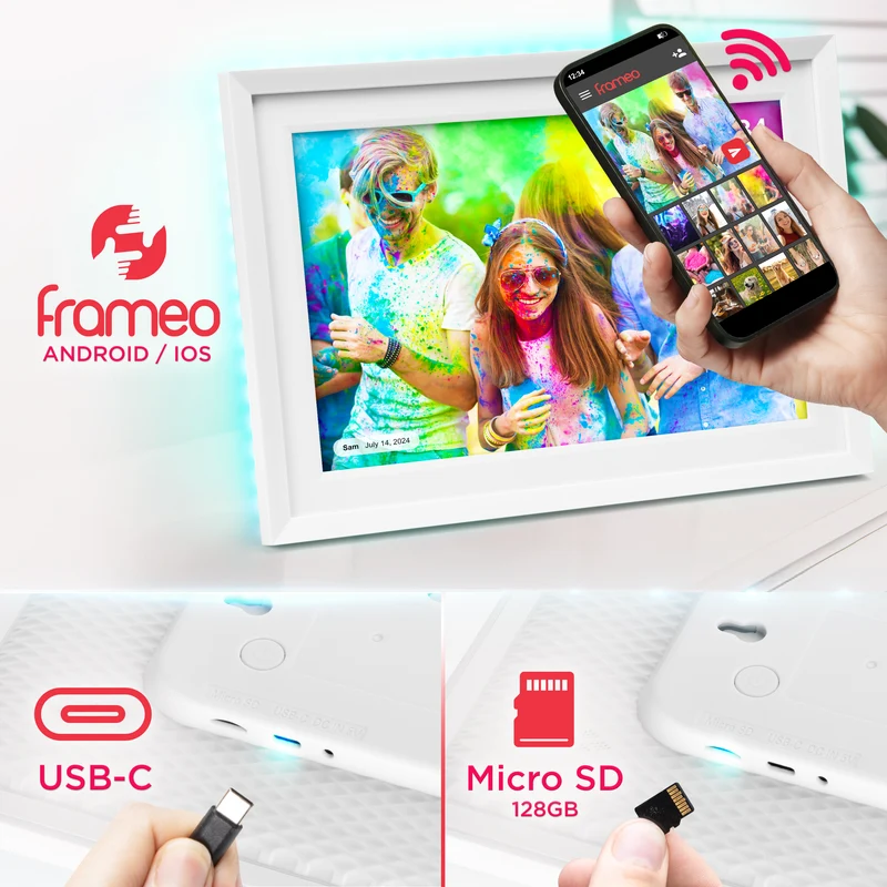 Duronic Digital Photo Frame PF2A WE Frameo 10.1” Electronic Photo Album 800x1200 WiFi Photoframe with Phone App Touchscreen Video Player White Picture Frame for Birthday Engagement Gifts Family