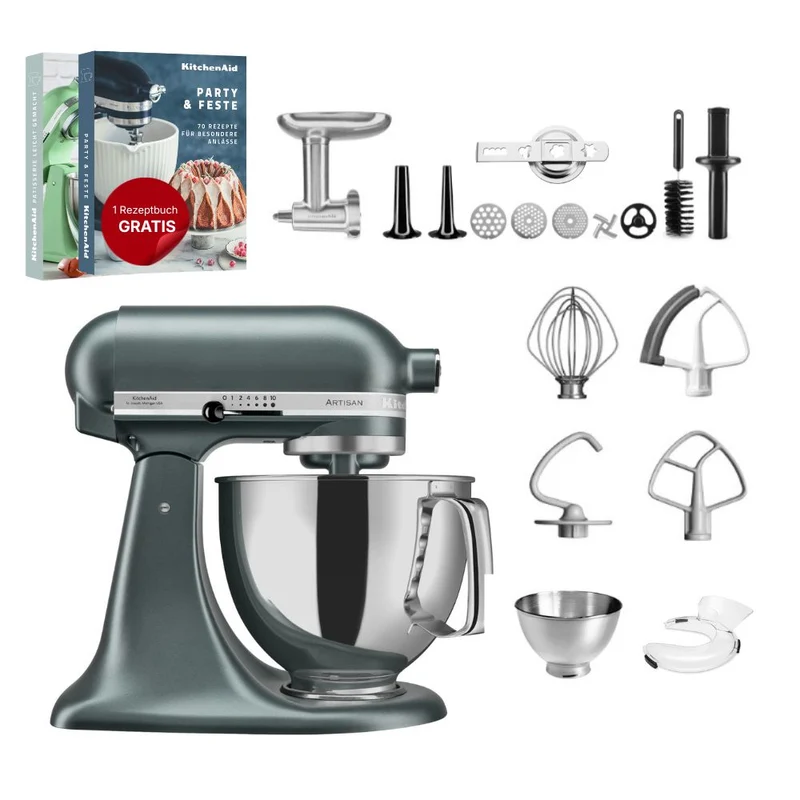 KitchenAid 4,8 L 5KSM175 Artisan Küchenmaschine Meatlover mit Ganzmetall- Fleischwolf und Spritzgebäckvorsatz