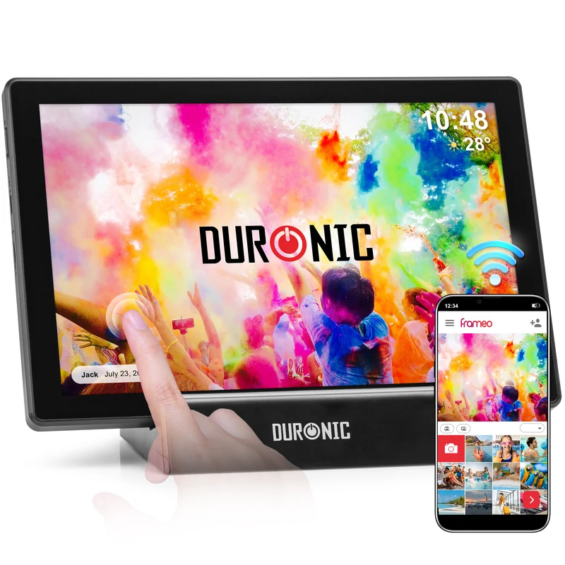 Duronic Digital Photo Frame PF1D BK Frameo 10.1” Electronic Photo Album 800x1200 WiFi Photoframe Tablet with Phone App Touchscreen Video Player Picture Frame for Birthday Engagement Gifts Family Black