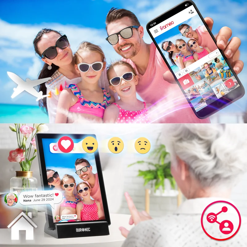 Duronic Digital Photo Frame PF1D BK Frameo 10.1” Electronic Photo Album 800x1200 WiFi Photoframe Tablet with Phone App Touchscreen Video Player Picture Frame for Birthday Engagement Gifts Family Black
