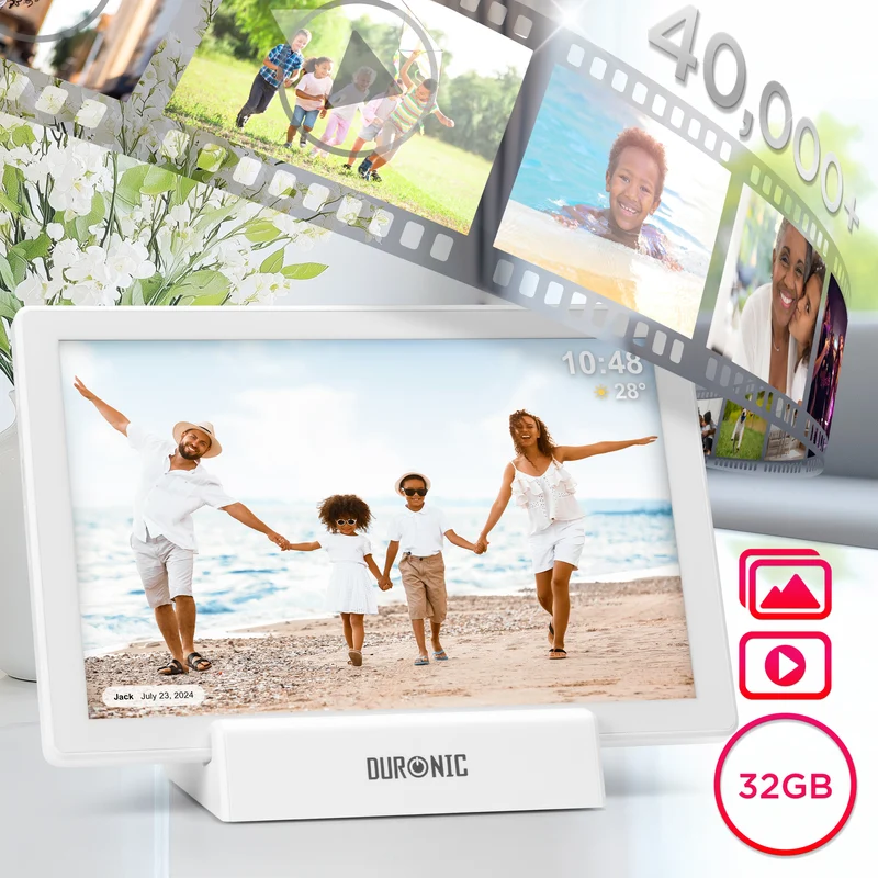 Duronic Digital Photo Frame PF1D WE Frameo 10.1” Electronic Photo Album 800x1200 WiFi Photoframe Tablet with Phone App Touchscreen Video Player Picture Frame for Birthday Engagement Gifts Family White