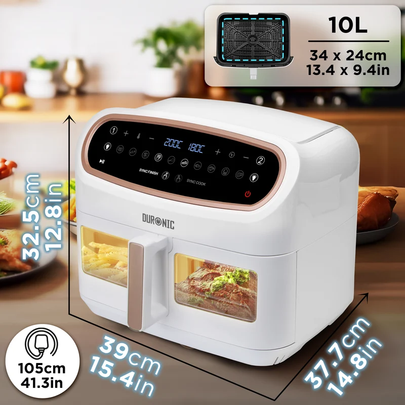 (LARGE SINGLE DRAWER MODEL) Duronic XXL Digital Air Fryer AF14 WE 10L Family Size Air Fryers 10in1 Dual Zone Extra Large AirFryer with window for Cooking with Dishwasher Safe Non-Stick Basket White