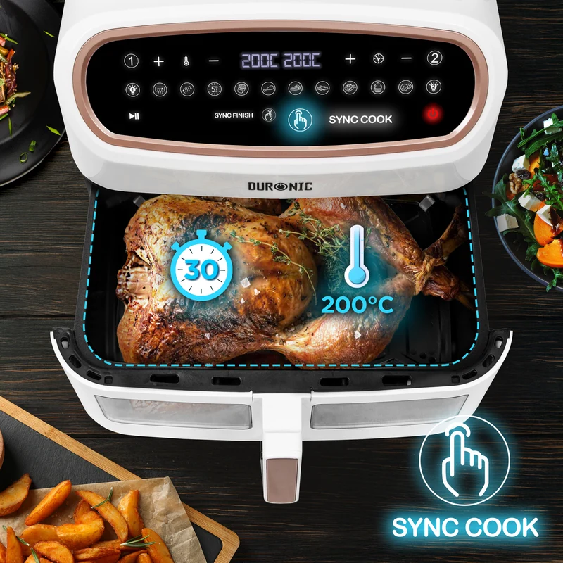 (LARGE SINGLE DRAWER MODEL) Duronic XXL Digital Air Fryer AF14 WE 10L Family Size Air Fryers 10in1 Dual Zone Extra Large AirFryer with window for Cooking with Dishwasher Safe Non-Stick Basket White