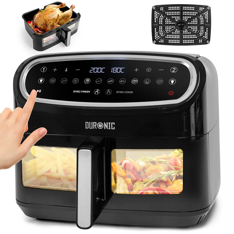 (LARGE SINGLE DRAWER MODEL) Duronic XXL Digital Air Fryer AF14 BK 10L Family Size Air Fryers 10in1 Dual Zone Extra Large AirFryer with window for Family Cooking with Dishwasher Safe Non-Stick Basket Black