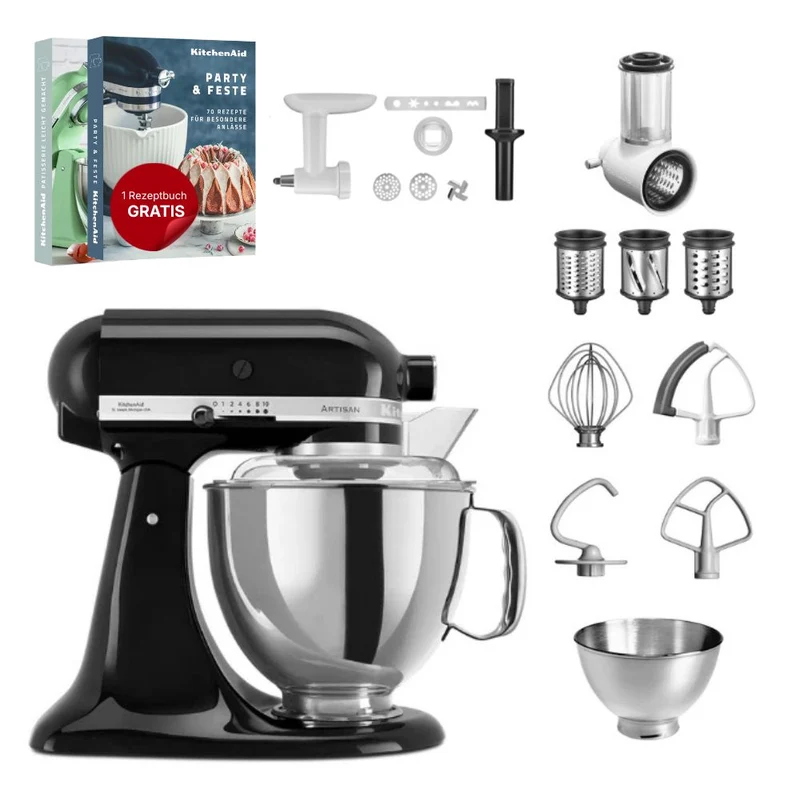 KitchenAid 4,8 L 5KSM175 Artisan Küchenmaschine Allrounderset mit Gemüseschneider+Fleischwolf+Spritzgebäckvorsatz
