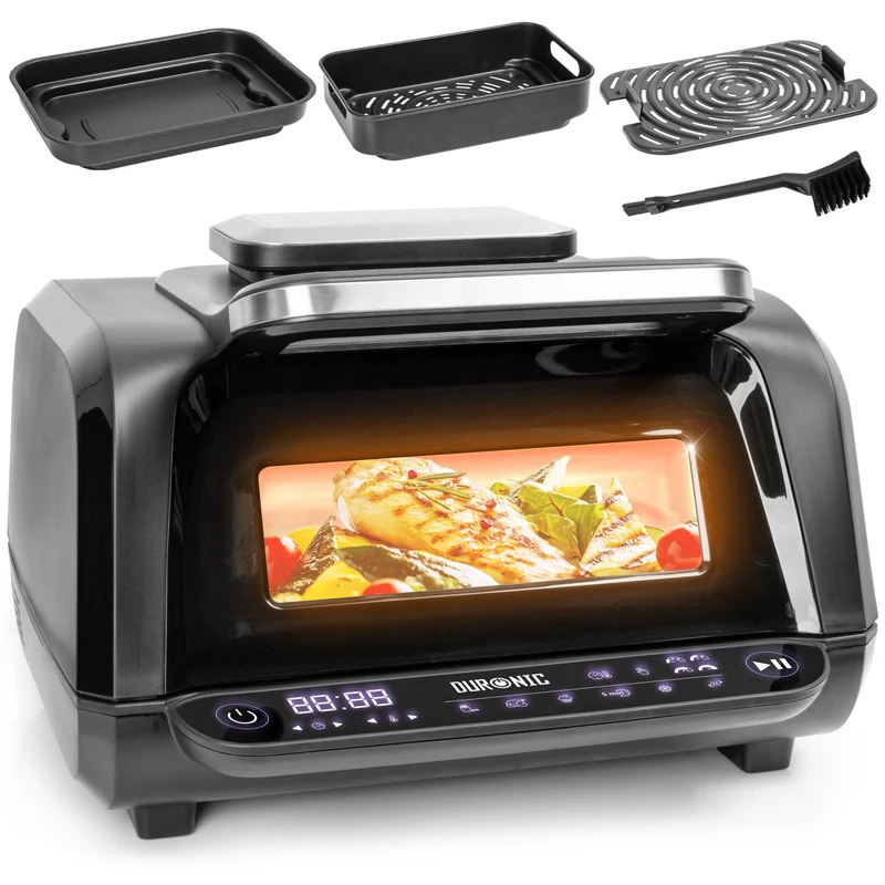 Duronic FG19 Compact Air Fryer Grill, 3L Digital Air Fryer & Health Grill, 1900W 6-in-1 Touchscreen with Air Fry, Grill, Bake, Roast, Reheat & Defrost, for Indoor BBQ, Oil-Free Cooking