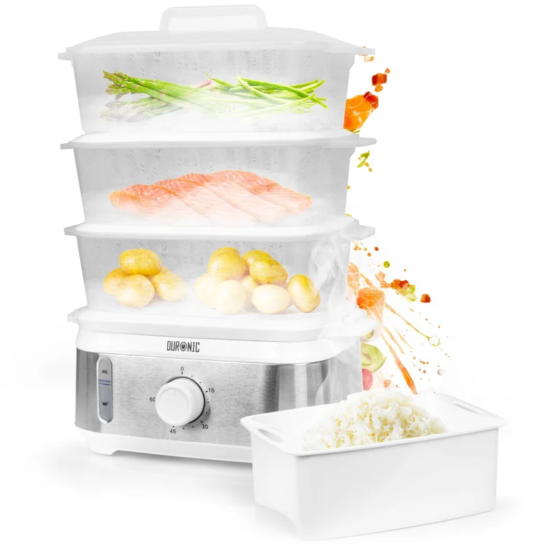 Duronic FS95 WE White Electric Food Steamer, 3-Tier 9L Steam Cooker with Rice Bowl & 60-Min Timer, 950W BPA-Free Countertop Vegetable Steamer for Fish, Meat, Rice, Eggs, Dumplings, Momos & Baby Food