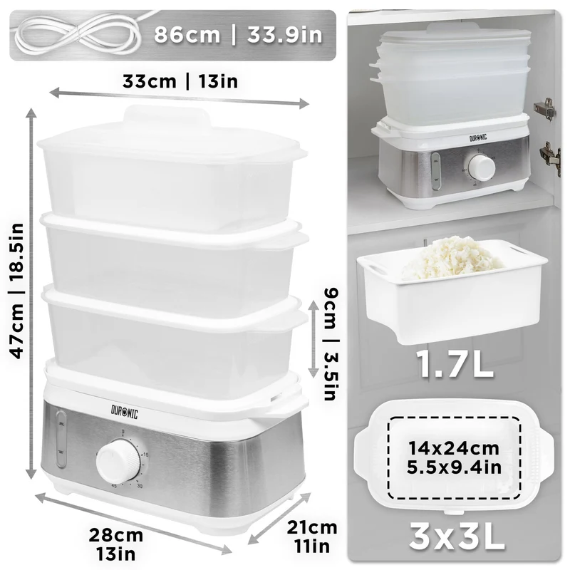 Duronic FS95 WE White Electric Food Steamer, 3-Tier 9L Steam Cooker with Rice Bowl & 60-Min Timer, 950W BPA-Free Countertop Vegetable Steamer for Fish, Meat, Rice, Eggs, Dumplings, Momos & Baby Food