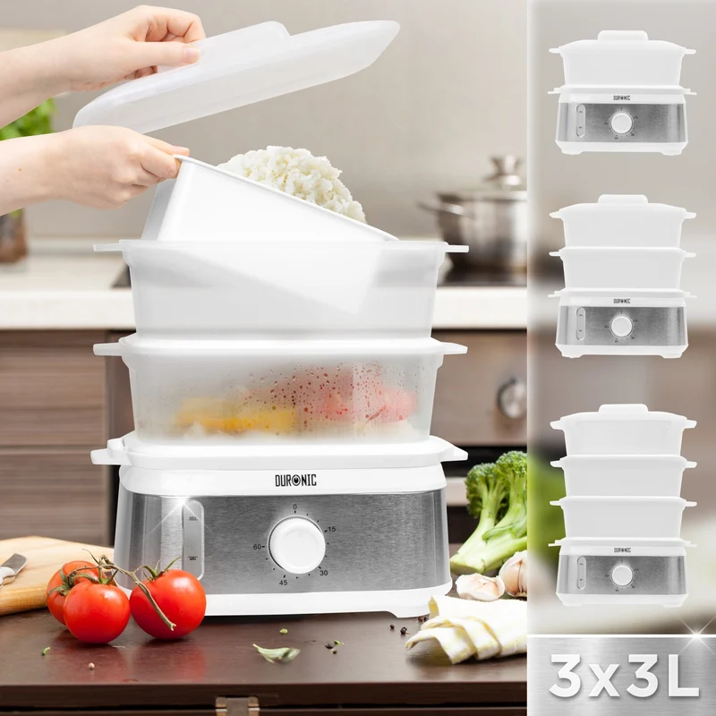 Duronic FS95 WE White Electric Food Steamer, 3-Tier 9L Steam Cooker with Rice Bowl & 60-Min Timer, 950W BPA-Free Countertop Vegetable Steamer for Fish, Meat, Rice, Eggs, Dumplings, Momos & Baby Food
