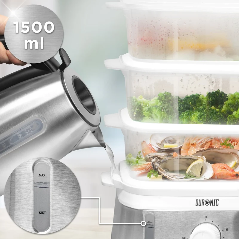 Duronic FS95 WE White Electric Food Steamer, 3-Tier 9L Steam Cooker with Rice Bowl & 60-Min Timer, 950W BPA-Free Countertop Vegetable Steamer for Fish, Meat, Rice, Eggs, Dumplings, Momos & Baby Food