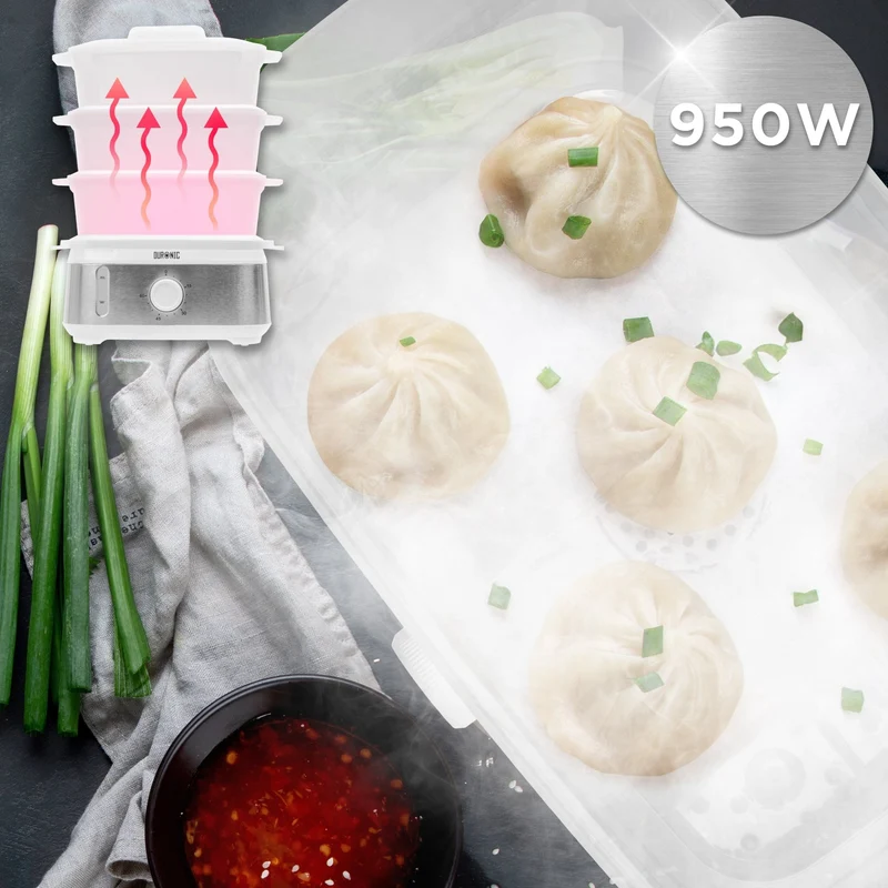 Duronic FS95 WE White Electric Food Steamer, 3-Tier 9L Steam Cooker with Rice Bowl & 60-Min Timer, 950W BPA-Free Countertop Vegetable Steamer for Fish, Meat, Rice, Eggs, Dumplings, Momos & Baby Food