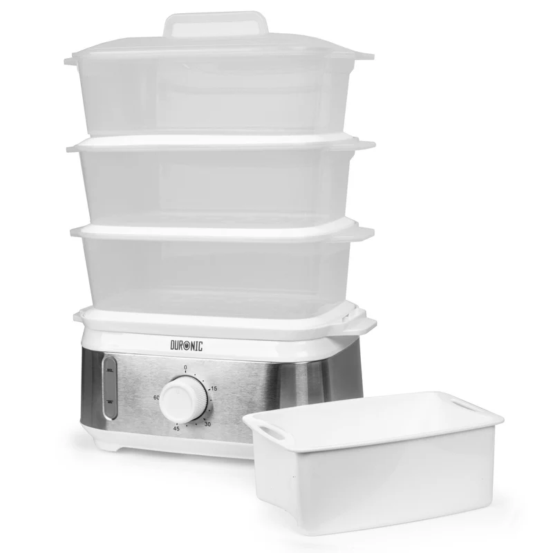 Duronic FS95 WE White Electric Food Steamer, 3-Tier 9L Steam Cooker with Rice Bowl & 60-Min Timer, 950W BPA-Free Countertop Vegetable Steamer for Fish, Meat, Rice, Eggs, Dumplings, Momos & Baby Food