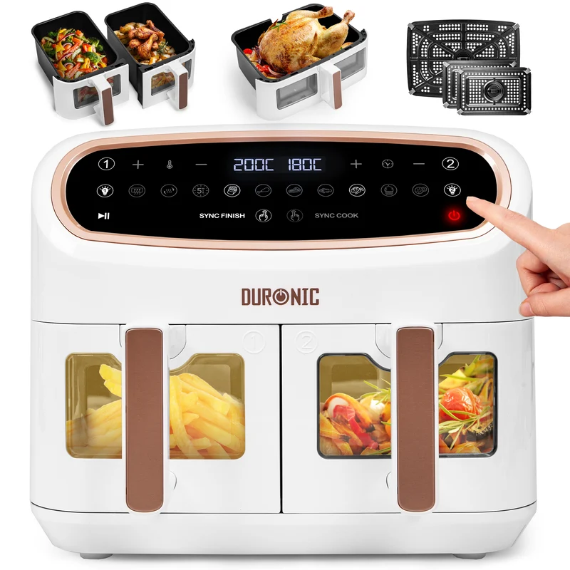 Duronic XXL Air Fryer AF34 WE 10L Digital Family Size Air Fryers Oil Free Triple Drawers 10in1 Dual Zone Extra Large AirFryer for Family Cooking with Dishwasher Safe Non-Stick Baskets White