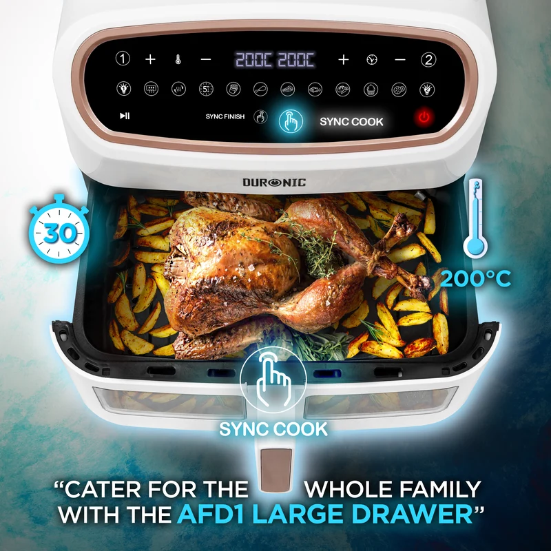 Duronic XXL Air Fryer AF34 WE 10L Digital Family Size Air Fryers Oil Free Triple Drawers 10in1 Dual Zone Extra Large AirFryer for Family Cooking with Dishwasher Safe Non-Stick Baskets White