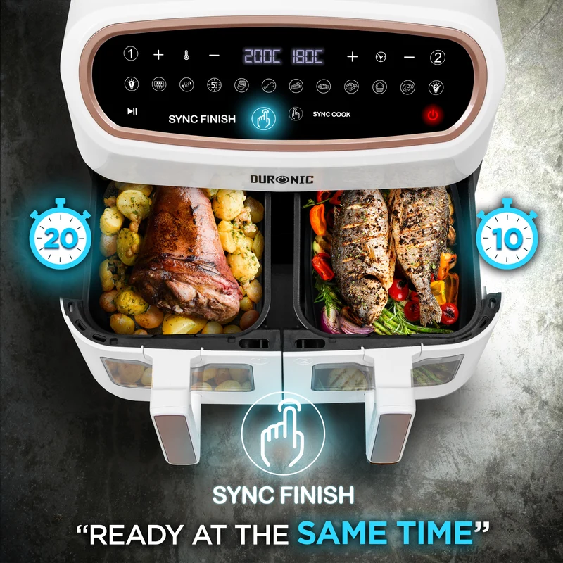 Duronic XXL Air Fryer AF34 WE 10L Digital Family Size Air Fryers Oil Free Triple Drawers 10in1 Dual Zone Extra Large AirFryer for Family Cooking with Dishwasher Safe Non-Stick Baskets White
