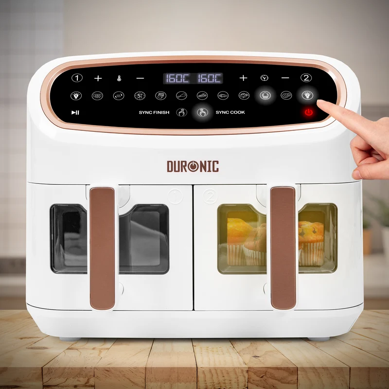 Duronic XXL Air Fryer AF34 WE 10L Digital Family Size Air Fryers Oil Free Triple Drawers 10in1 Dual Zone Extra Large AirFryer for Family Cooking with Dishwasher Safe Non-Stick Baskets White