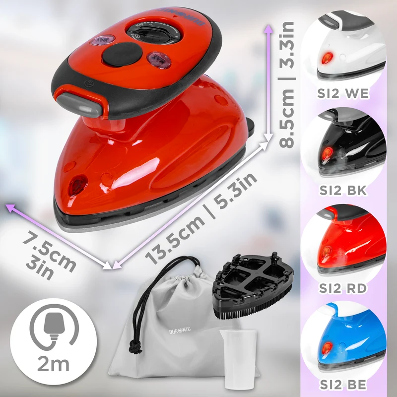 Duronic Travel Iron SI2 RD 375W Mini Irons with Variable Temperature Portable 50ml Red Steam Iron For Holiday Quilting Crafts Compact Design for Travelling