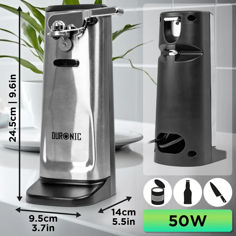 Duronic Electric Tin Can Opener CO60, Automatic, Hands Free, Magnetic Lid Holder, Stainless Steel, Tin Opener, Knife Sharpener and Beer Bottle Opener for Kitchen, Individuals with Arthritis, Elderly